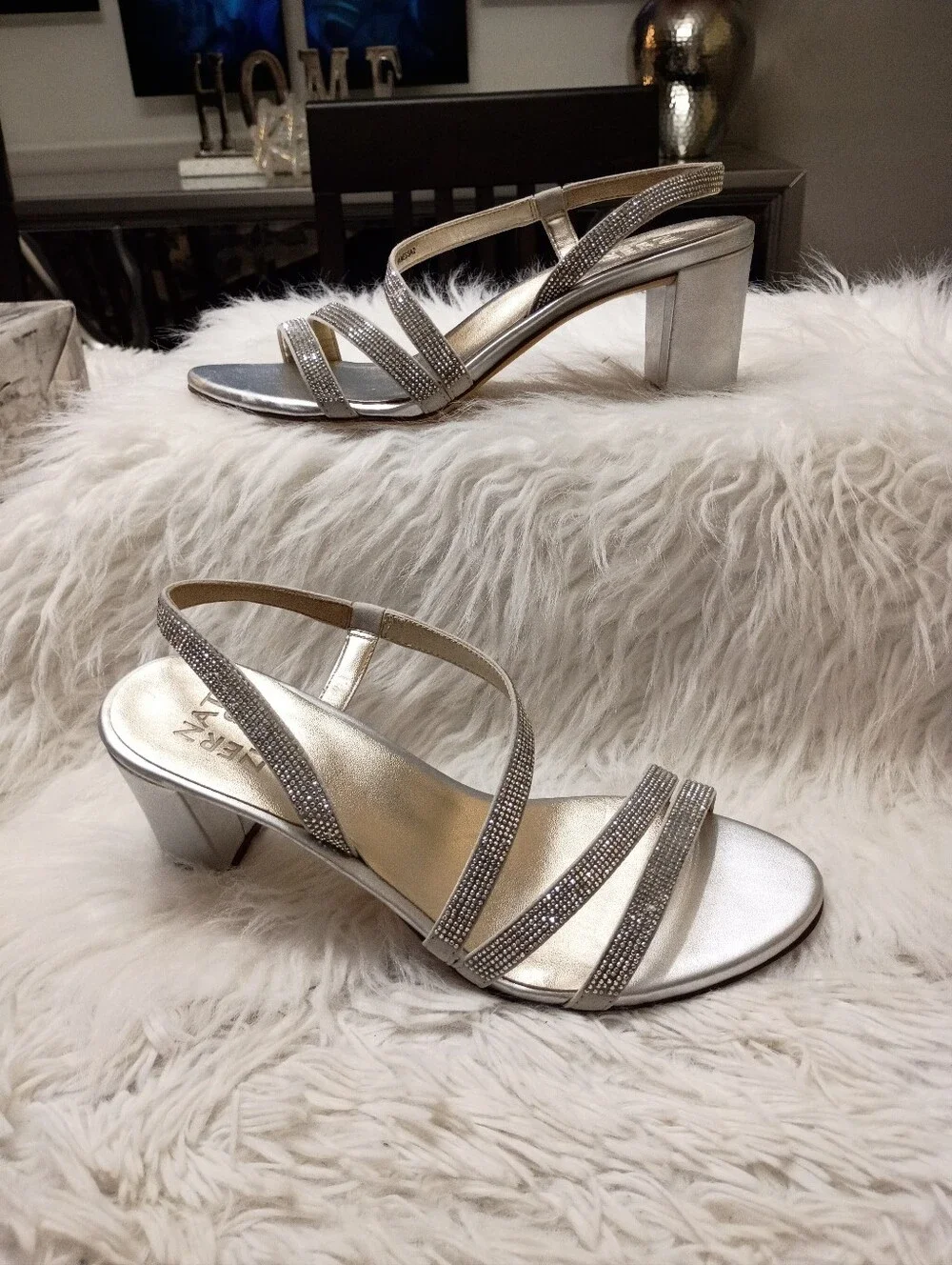 Naturalizer Metallic Strappy Low Block Heel Rhinestone Sandals - Silver Gold